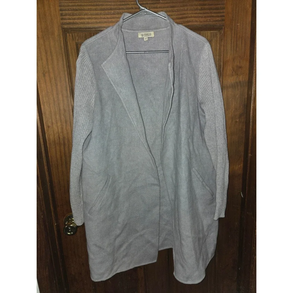 Kinross Cashmere Wool Blend Ribbed Sleeve Open Front Coat Light Blue Grey XL